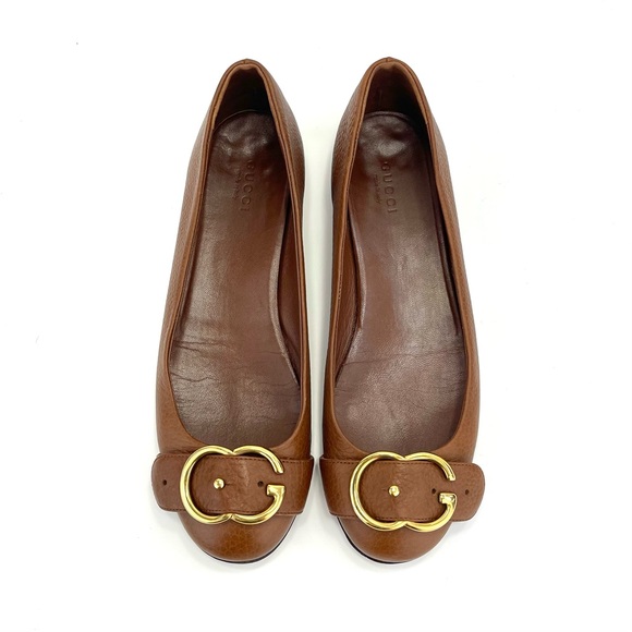 📌SOLD📌 GUCCI 100% AUTHENTIC BROWN LEATHER GOLD INTERLOCKING GG FLATS - Picture 6 of 16